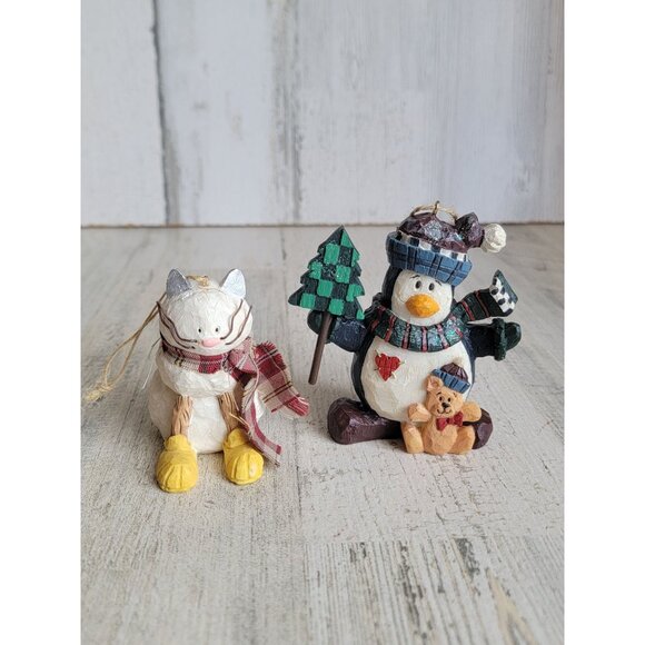 Rustic penguin scarf cat animal ornament Xmas set - Picture 1 of 5